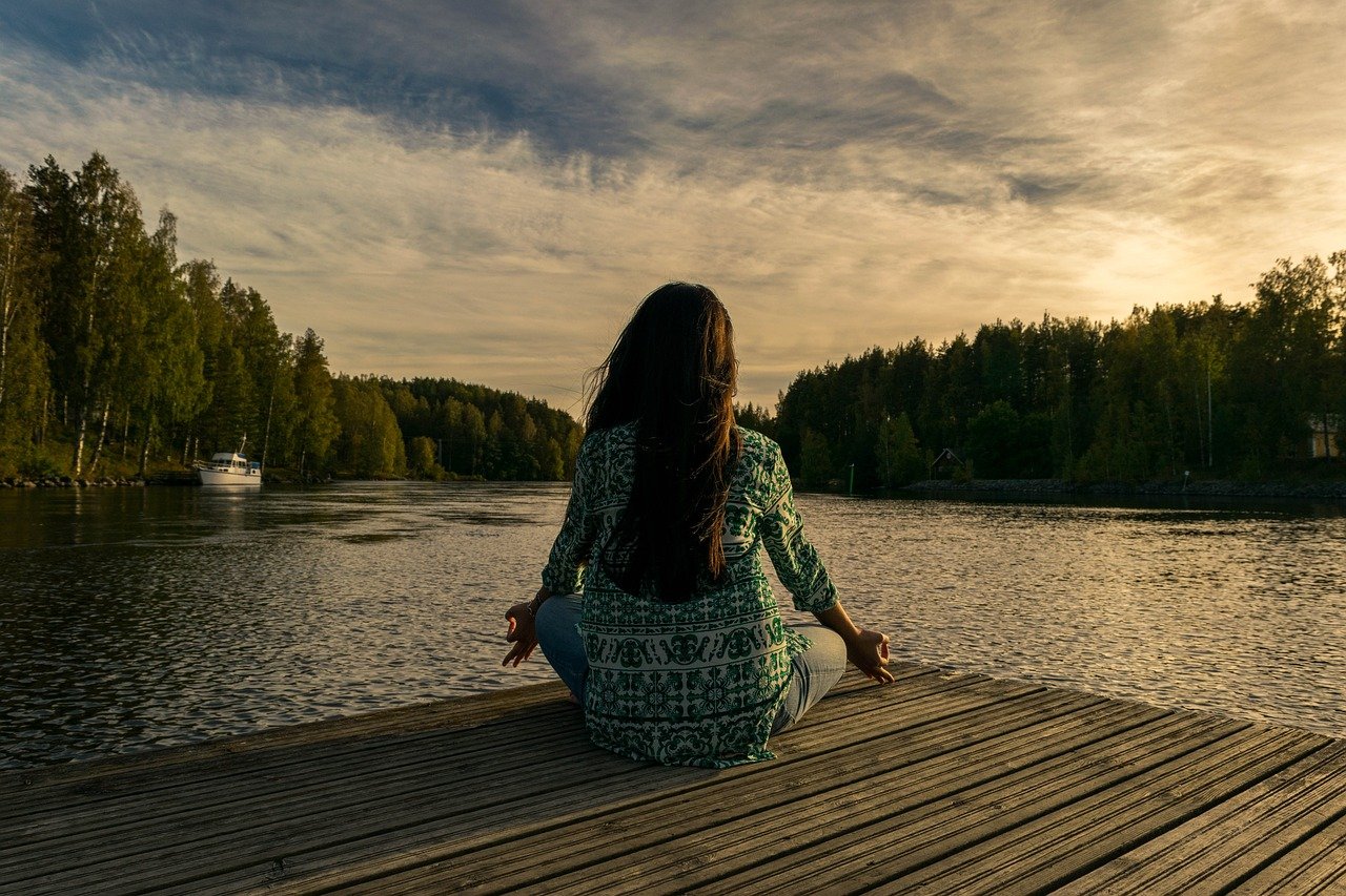 yoga, woman, lake, mindfulness, mindful, aware
