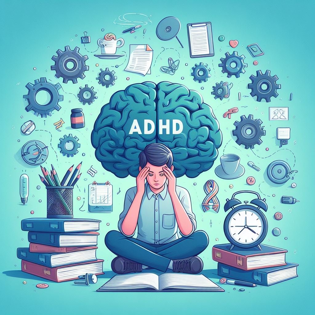 image of a young person struggling to concentrate with an image of a brain behind them, ADHD printed on it. to illustrate an article introducing ADHD on self-transcendence.org