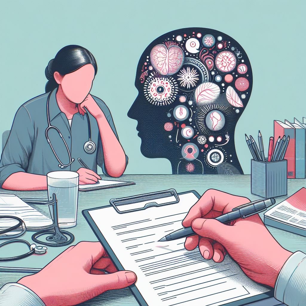 An image of a patient, and checklist and a picture of the working of the mind, to illustrate an article about the Diagnostic and statistical manual of mental disorders