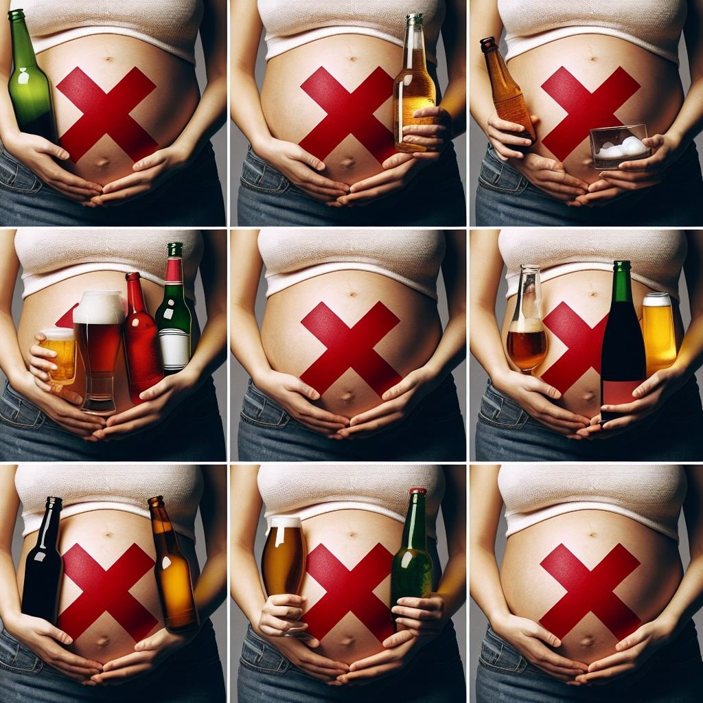 An image of many pregnant women, with alcohol and crosses on their stomachs, to illustrate an article about Foetal alcohol spectrum disorder on self-transcendence.org