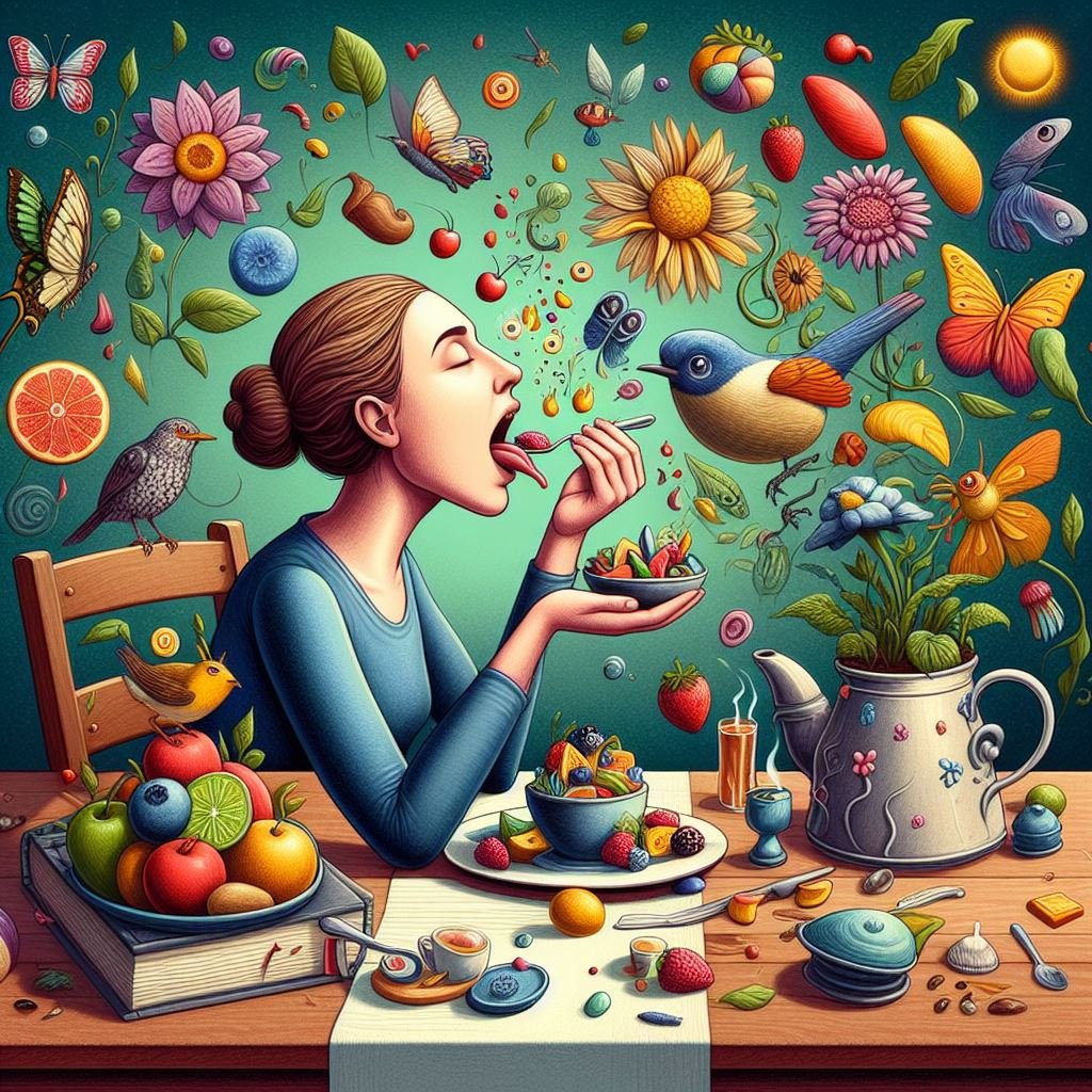 an images of a lady surrounded by things that taste, smell, touch, etc. to illustrate an article on self-transcendence.org about sensory inputs.