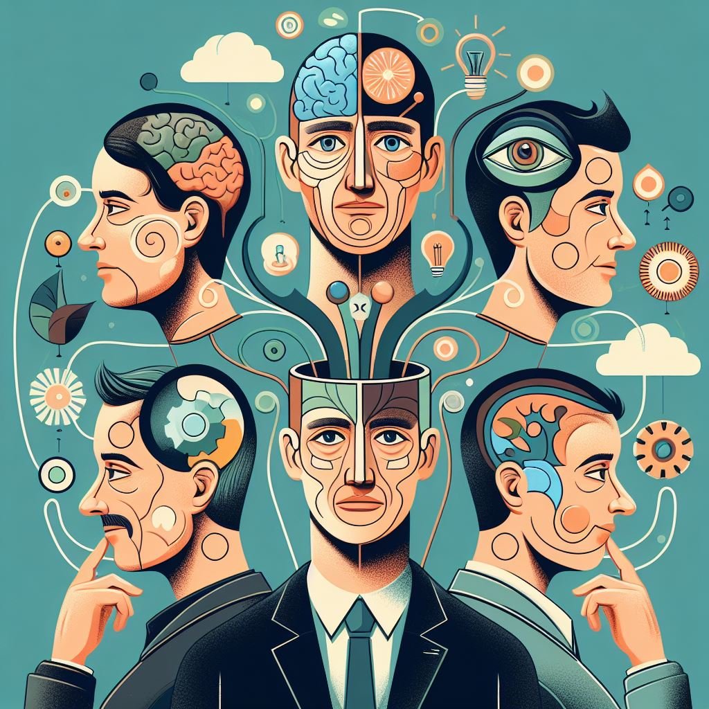 Image of a person and their personalities. To illustrate an article about the big five personality traits on self-transcendence.org