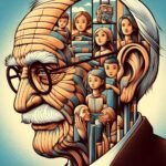 Image of an imagined Carl Rogers, in his head, thoughts of people. To illustrate an article about Rogers' 10 propositions on self-transcendence.org