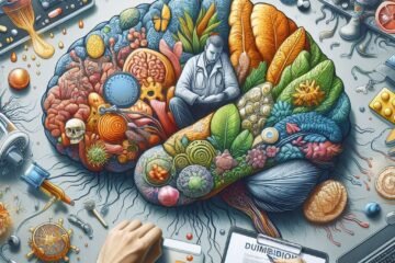 An image of a brain planted with different plants, and a therapist in the middle, illustrating an article about comorbidity on self-transcendence.org