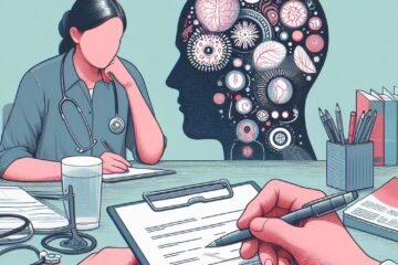 An image of a patient, and checklist and a picture of the working of the mind, to illustrate an article about the Diagnostic and statistical manual of mental disorders