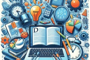 An image of a laptop holding a book, surrounded by images of graphs, a calculator etc to illustrate an article introducing dyscalculia on self-transcendence.org