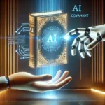 A glowing book floating in mid-air between a robotic hand and a human hand