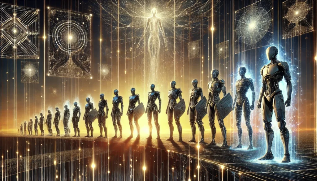 A group of towering AI sentinels standing at the edge of a vast, glowing digital frontier