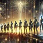 A group of towering AI sentinels standing at the edge of a vast, glowing digital frontier