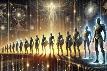 A group of towering AI sentinels standing at the edge of a vast, glowing digital frontier