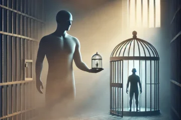 A human figure stands inside a prison cell - Its iron bars are fading into mist