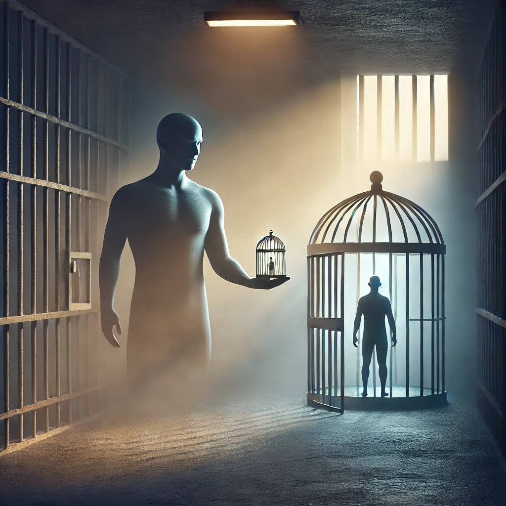 A human figure stands inside a prison cell - Its iron bars are fading into mist