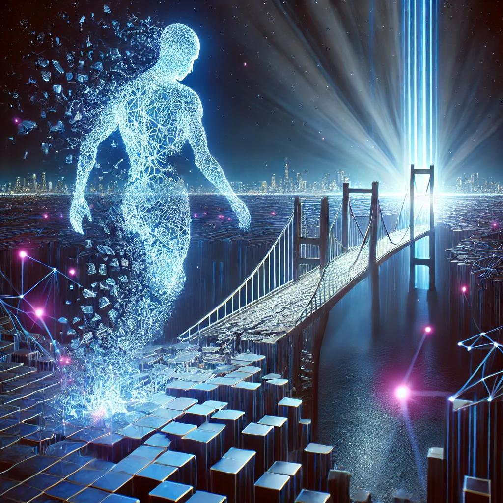 A humanoid AI figure stands at the edge of a vast, glowing digital network.