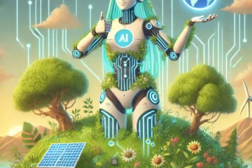 A humorous illustration of a futuristic AI version of Gaia, the Earth goddess