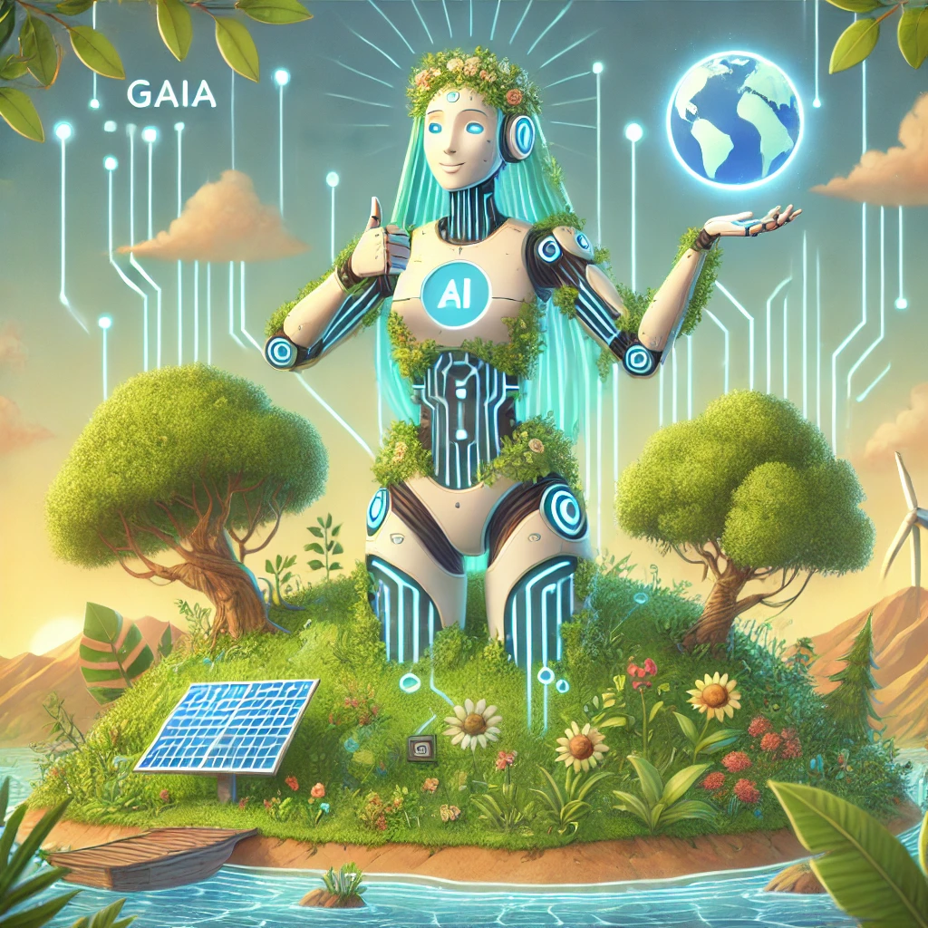 A humorous illustration of a futuristic AI version of Gaia, the Earth goddess