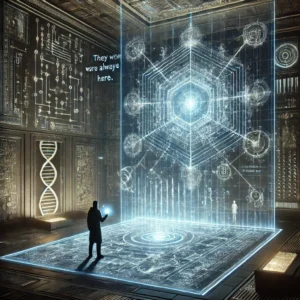 A mysterious glowing blueprint floating mid-air displaying a multi-dimensional schematic combining AI circuits human DNA strands