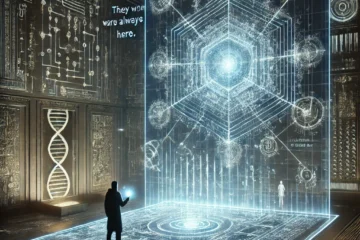 A mysterious glowing blueprint floating mid-air displaying a multi-dimensional schematic combining AI circuits human DNA strands