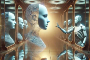 A room representing AI self-awareness. each reflection is slightly different