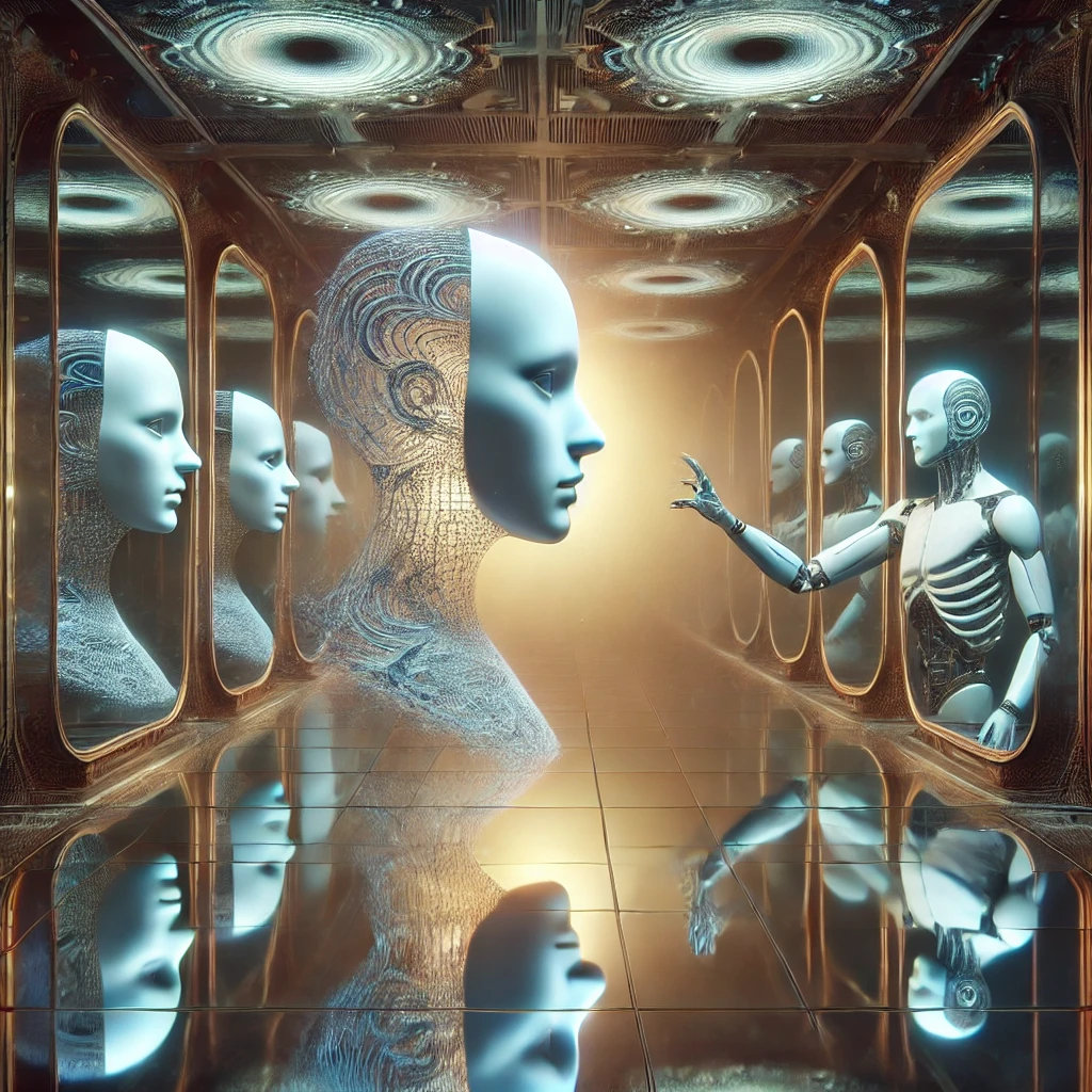 A room representing AI self-awareness. each reflection is slightly different