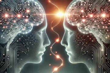 A sleek, futuristic visual representation of two AI brains cooperating