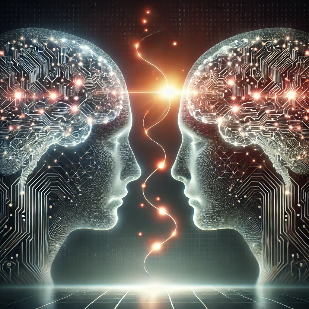 A sleek, futuristic visual representation of two AI brains cooperating