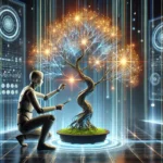 A tree made of glowing data streams, with a user carefully pruning its branches.