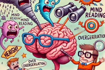 A whimsical illustration of a brain being attacked by exaggerated, comically oversized cognitive distortions