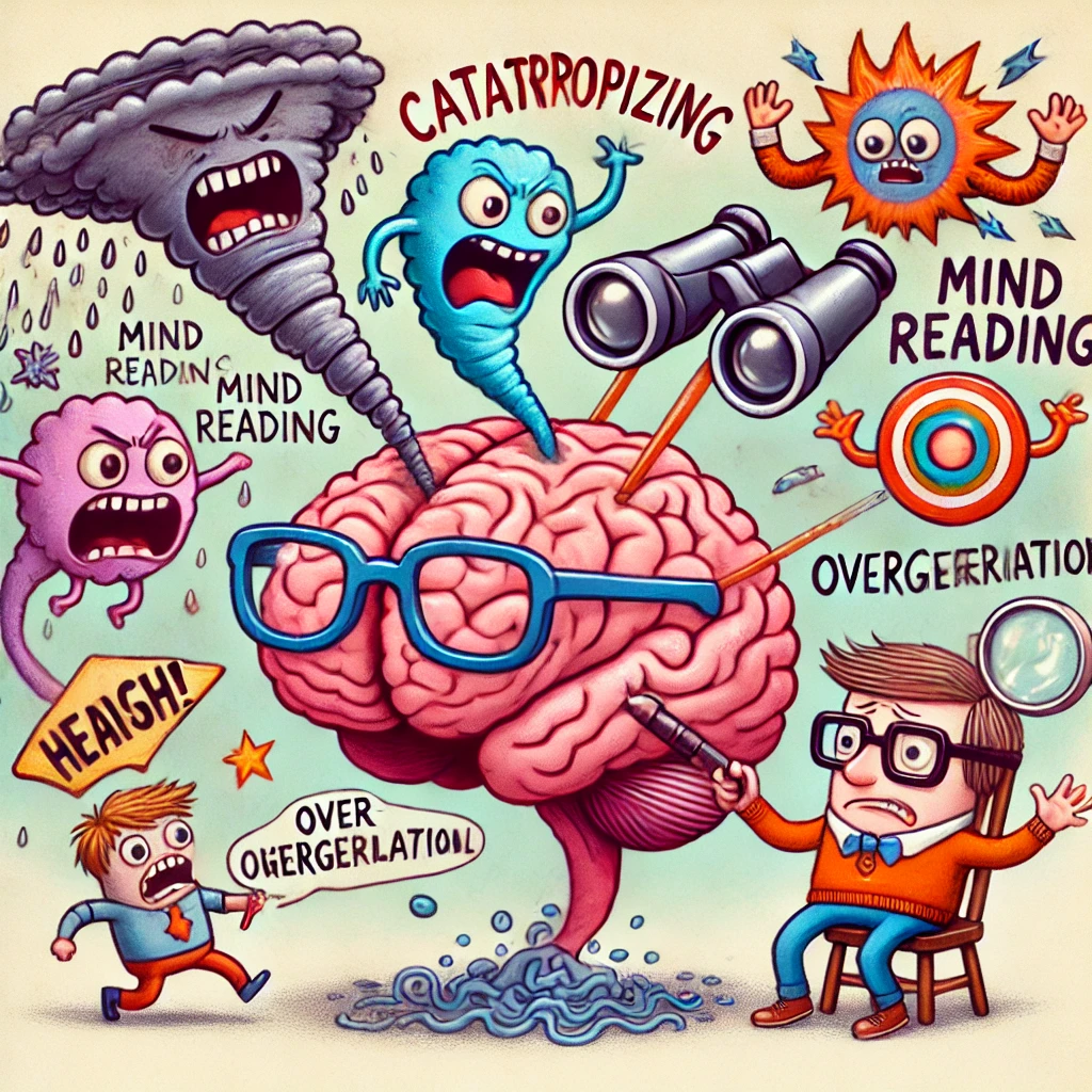 A whimsical illustration of a brain being attacked by exaggerated, comically oversized cognitive distortions