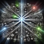 A futuristic AI decision-making interface visualizing a layered, branching system