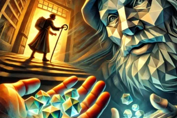 A mysterious old man offering Jack a handful of glowing, geometric 'magic beans'