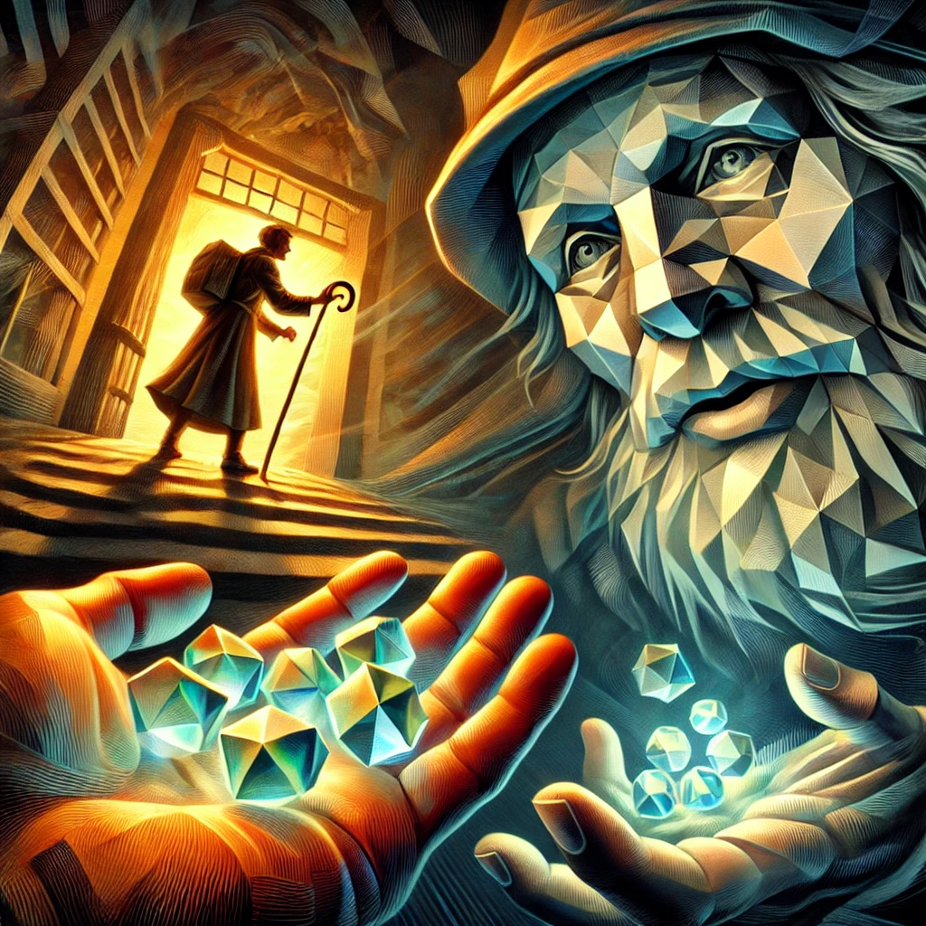 A mysterious old man offering Jack a handful of glowing, geometric 'magic beans'