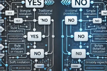 A split-screen flowchart comparison of two AI decision-making models On the left side The Traditional AI Binary Model