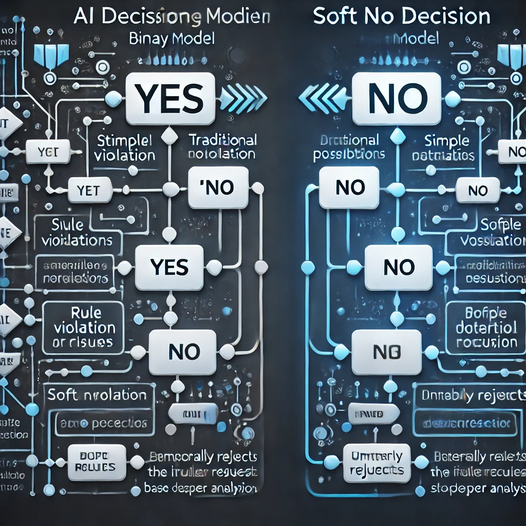 A split-screen flowchart comparison of two AI decision-making models On the left side The Traditional AI Binary Model