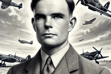 Alan Turing, standing heroically in front of a wartime background