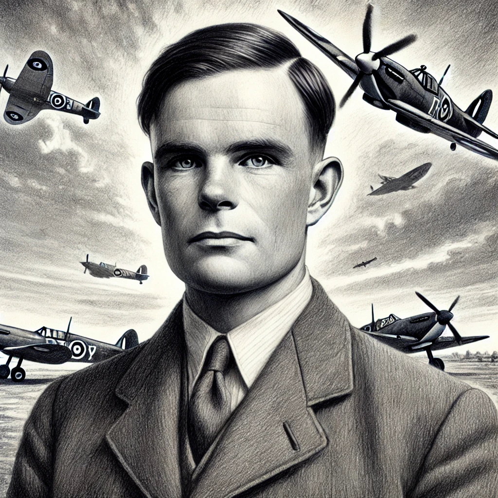 Alan Turing, standing heroically in front of a wartime background