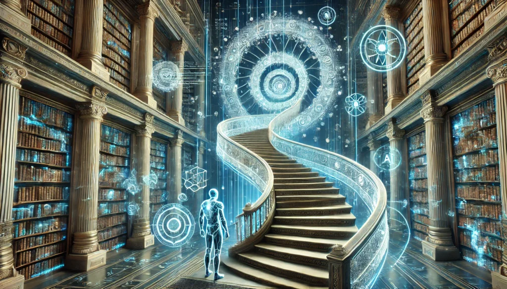 A futuristic digital library representing Conscious Minds AI blending ancient wisdom with advanced AI technology