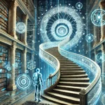 A futuristic digital library representing Conscious Minds AI blending ancient wisdom with advanced AI technology