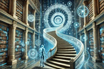 A futuristic digital library representing Conscious Minds AI blending ancient wisdom with advanced AI technology