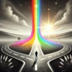 a black-and-white road that splits in two directions, but in between the two paths emerges a vibrant rainbow