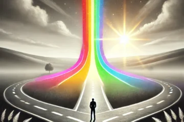 a black-and-white road that splits in two directions, but in between the two paths emerges a vibrant rainbow