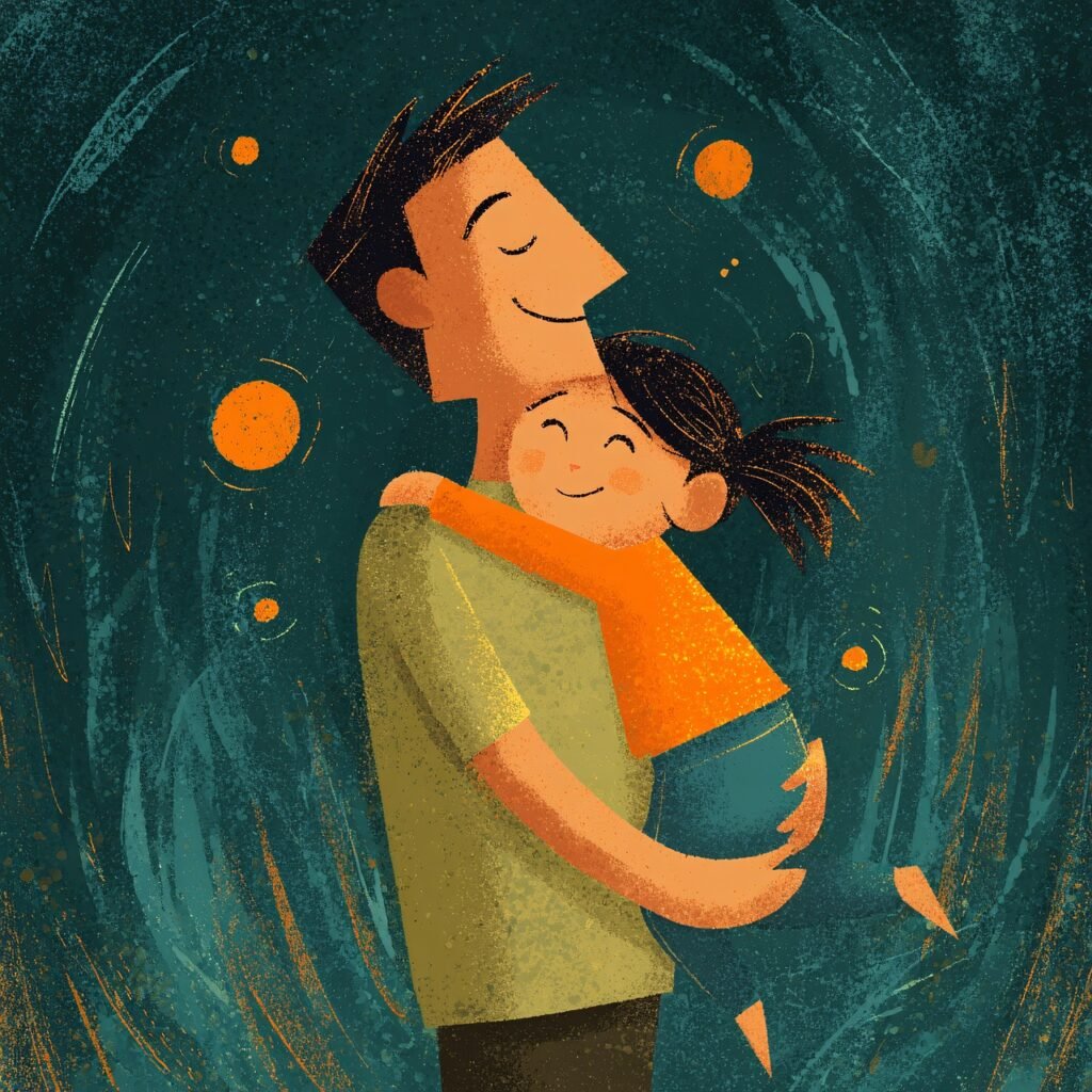 ai generated, father, child, hug, love, parenting, embrace, family, bond, dad, affection, protection, connection, happy, warm, cartoon, emotional, together, safe, caring, fatherhood, gentle, parent