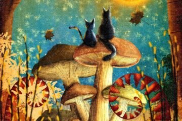 cats, mushrooms, forest, fantasy, autumn, fall, whimsical, nature, moon, drawing, colorful, plants, cats, mushrooms, whimsical, whimsical, whimsical, whimsical, whimsical