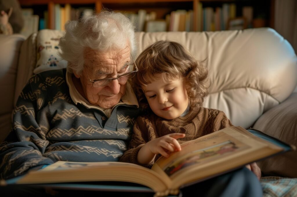 grandfather, child, book, reading, bonding, family, boy, mother, education, home, daughter, read, son, kid, parent, father, fun, baby, mom, learning, childhood, school