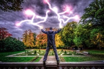 man, power, electricity, strong man, healthy, athlete, strength, lightning, hdr, park, autumn, fall, healthy people, young, person, healthy man, running, winning, success, fists, raising arms, nature, conquer, sky, clouds, dark, force, current