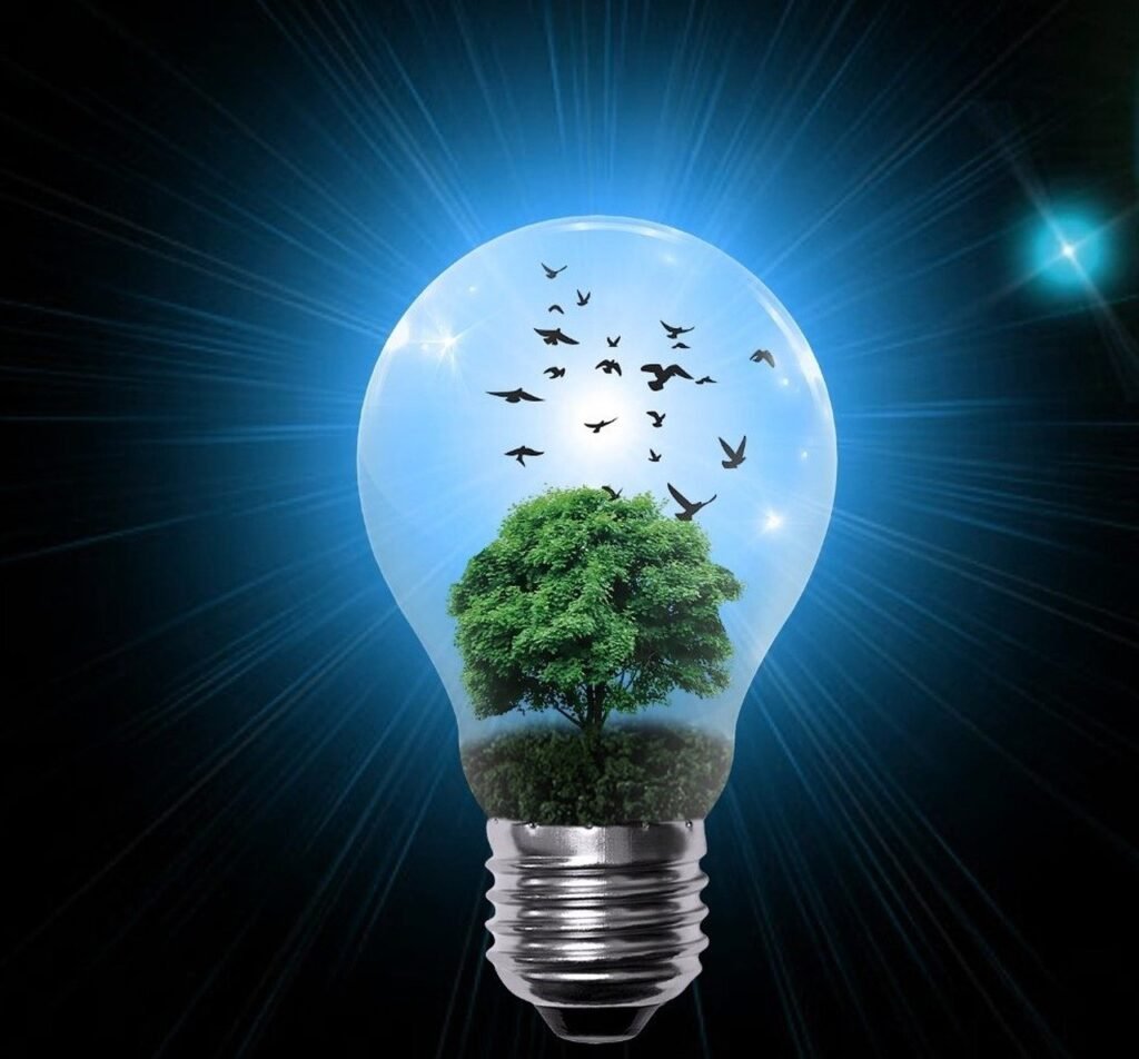 lamp, blue light, bulb, nature, tree, green, green energy, horizon, view, drill, opening, idea, perspective, illuminate, shine, illumination, halogen, lighting, electric, light, electricity, orange, energy, imagination, clear up, clarify, light up, awaken, launch, start, point of view, depth