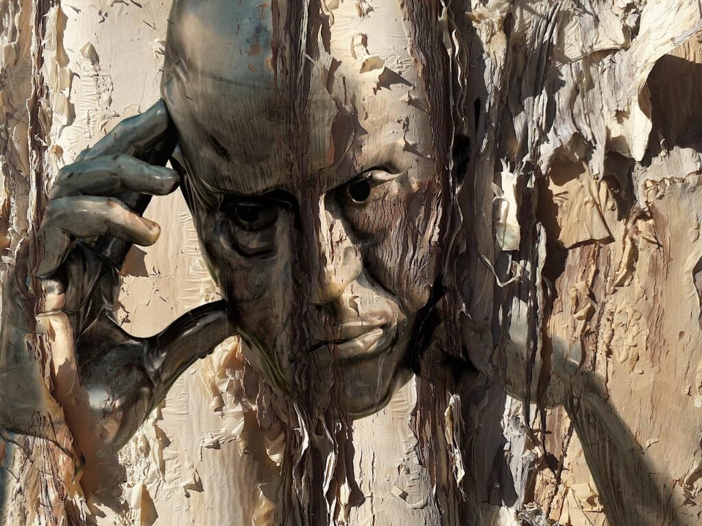 face, man, tree, bark, thinker, logic, concentration, philosopher, thought, abstract, art, nature, reasoning, reason