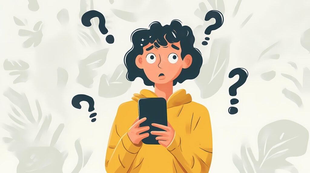 ai generated, smartphone, question marks, confusion, uncertainty, character, seeking, answers, guidance, expression, colorful, design, technology, inquiry, problem, doubt, cartoon, modern, thinking, puzzled, help, question, solution, dilemma